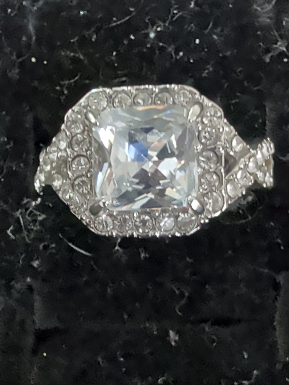 S925 Sterling Silver Square-Cut White Crystal Halo Cocktail Ring Sz 8